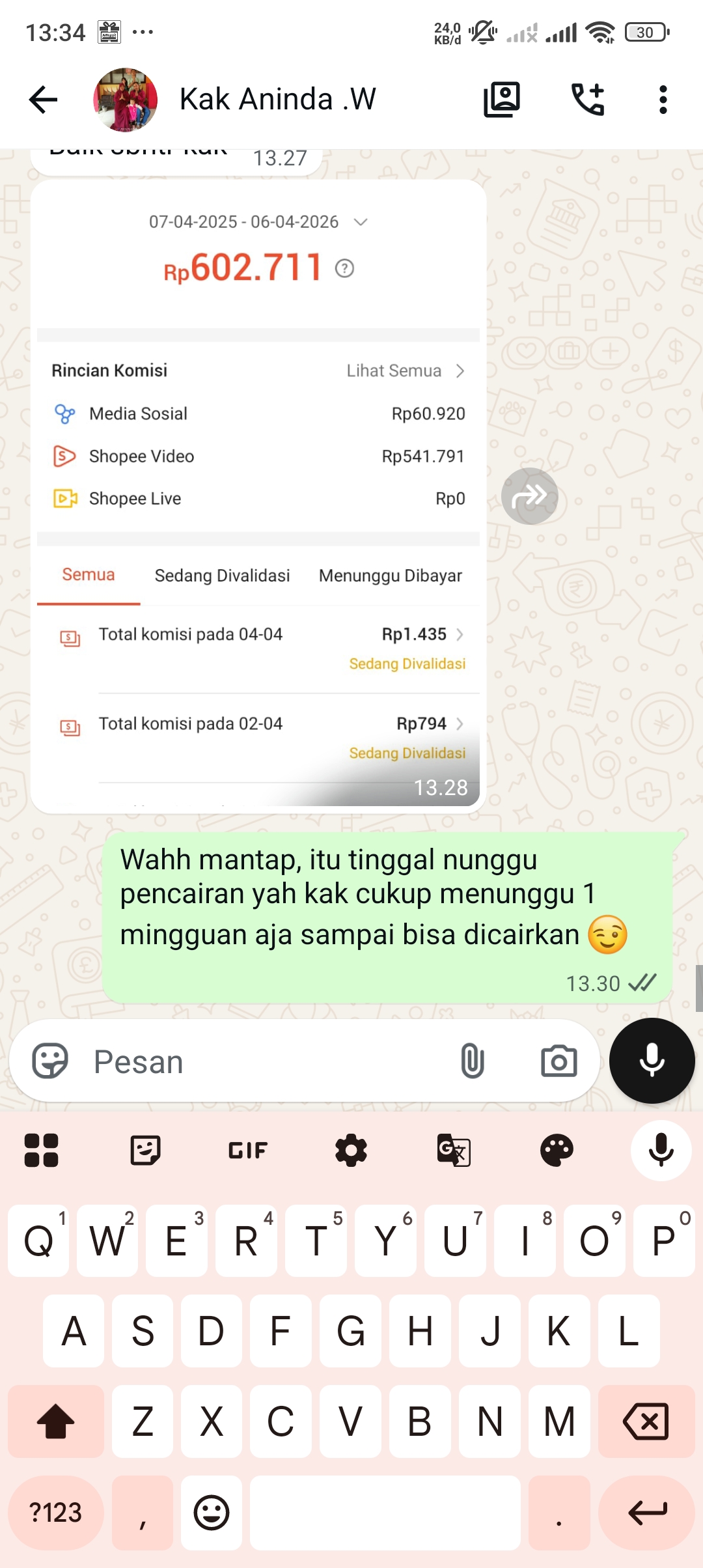 Screenshot chat WhatsApp testimoni dari Lina