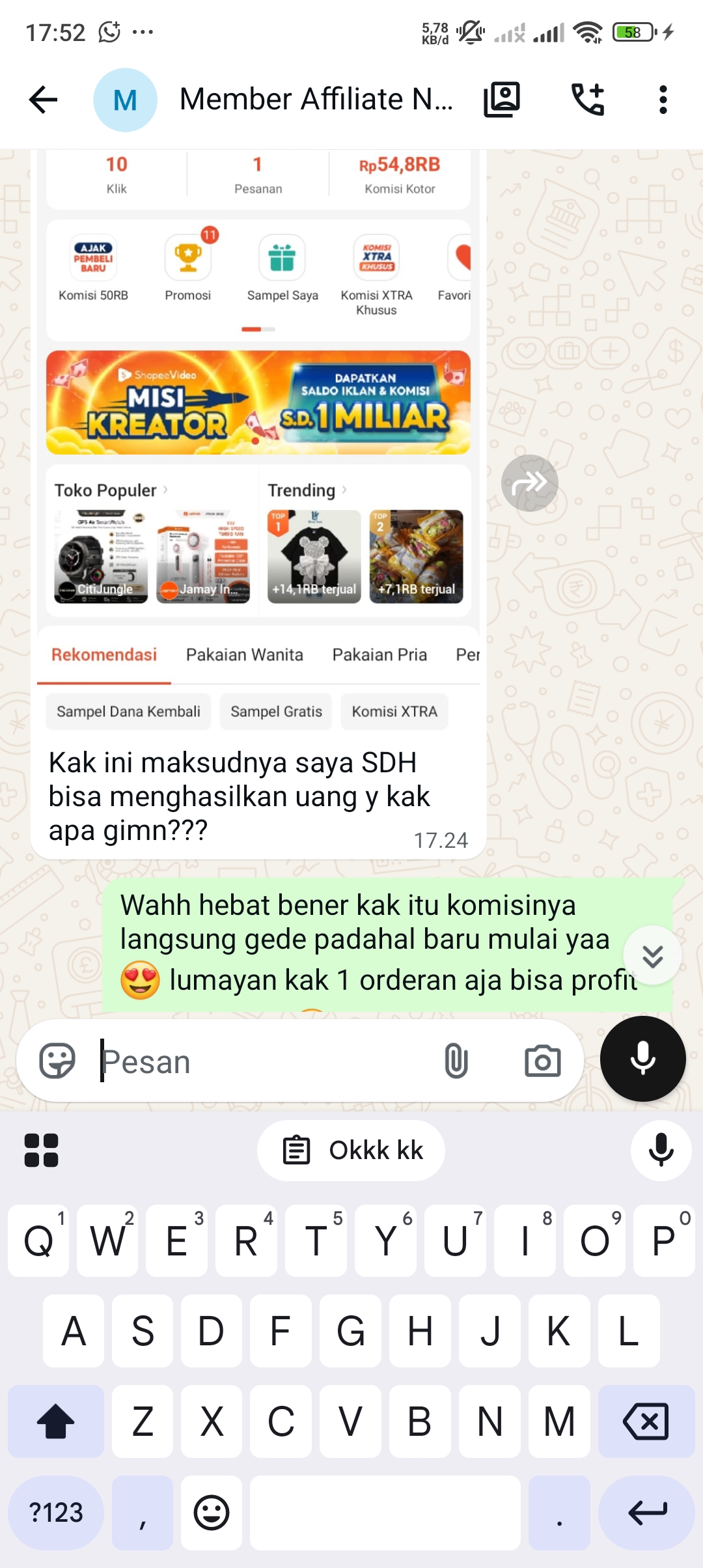 Screenshot chat WhatsApp testimoni dari Galih