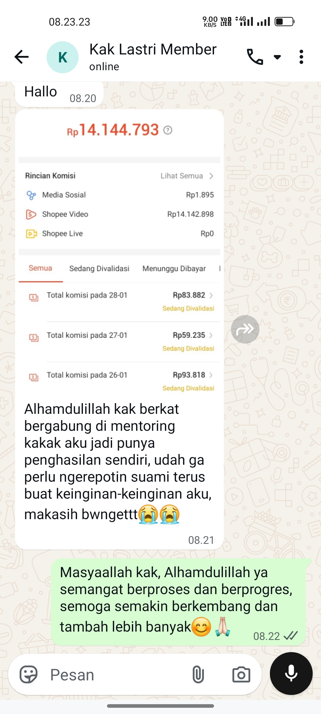 Screenshot chat WhatsApp testimoni dari Ratna