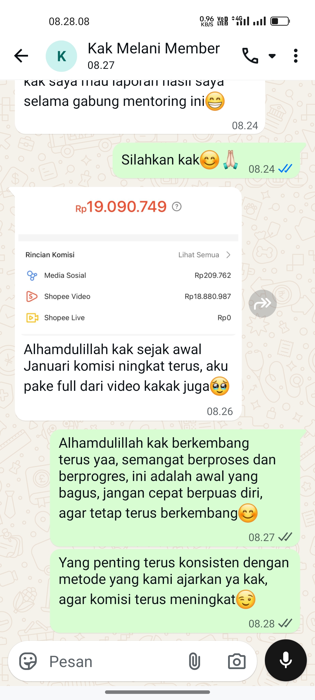 Screenshot chat WhatsApp testimoni dari Tintin